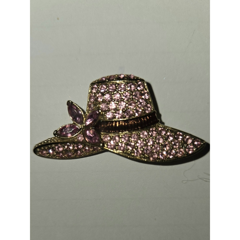 90s Vintage MONET Rhinestone Sun Hat Pink Brooch GoldTone/Enamel Pink Pin